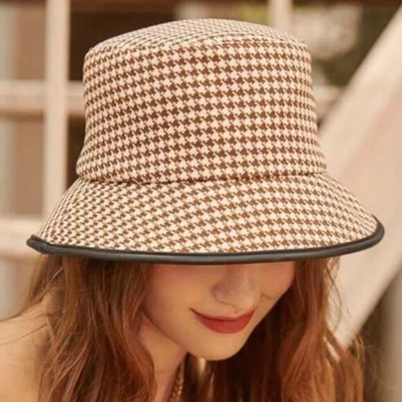BROWN Houndstooth Bucket Hat Tan - Picture 1 of 7